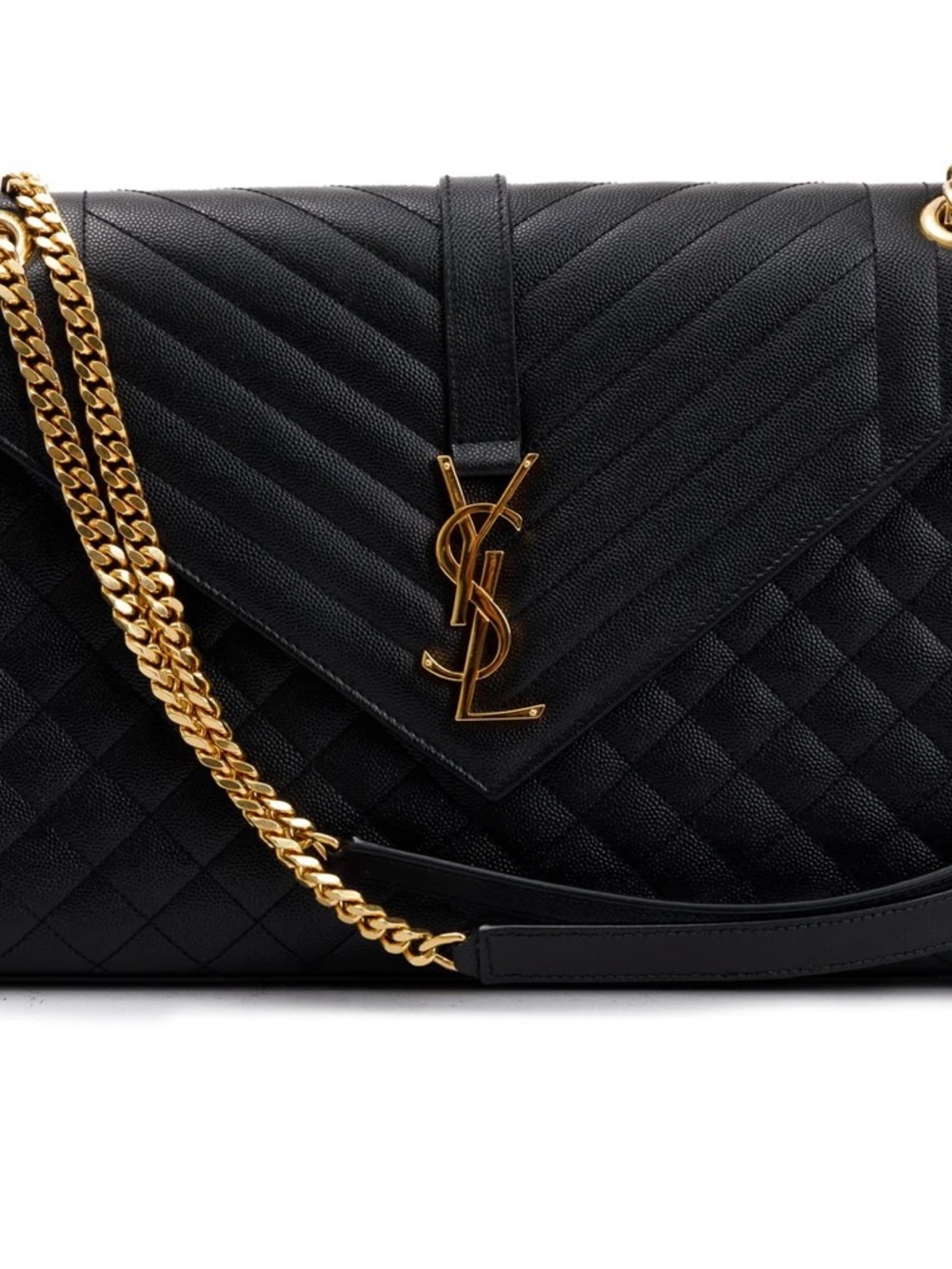 Saint Laurent Black Quilted Envelope Shoulder Bag with Gold YSL Chain
